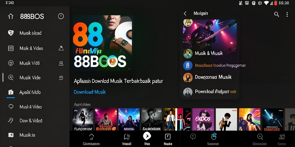 Tampilan antarmuka aplikasi 88BOS dengan fungsi Download Musik yang intuitif.