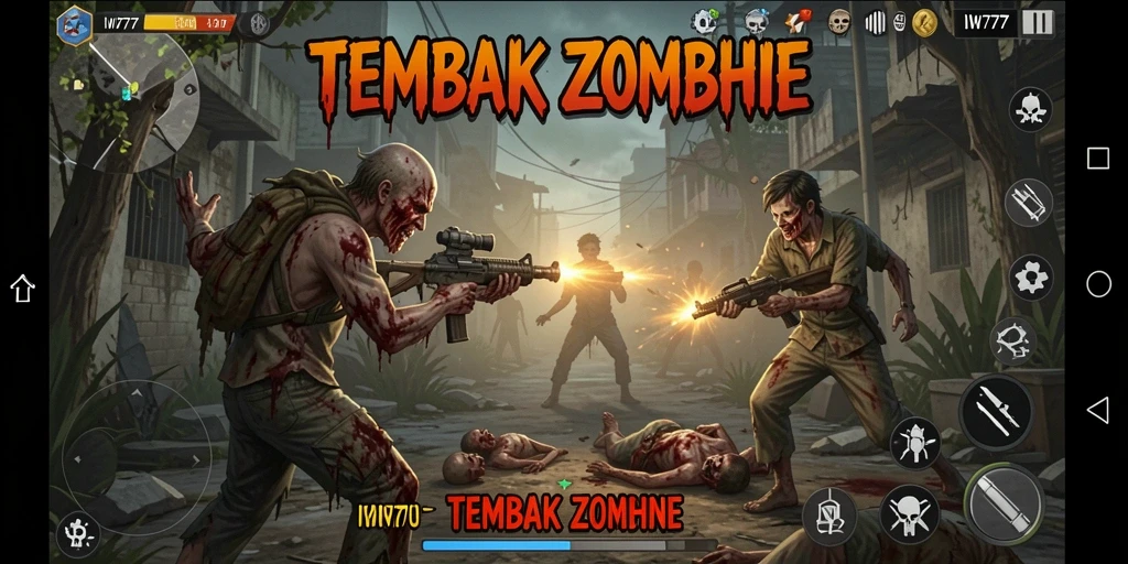 Tampilan antarmuka permainan IW777 yang menegangkan dalam menghadapi zombie.
