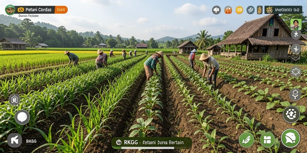 Antarmuka intuitif RKGG menampilkan ladang dan tanaman yang subur.